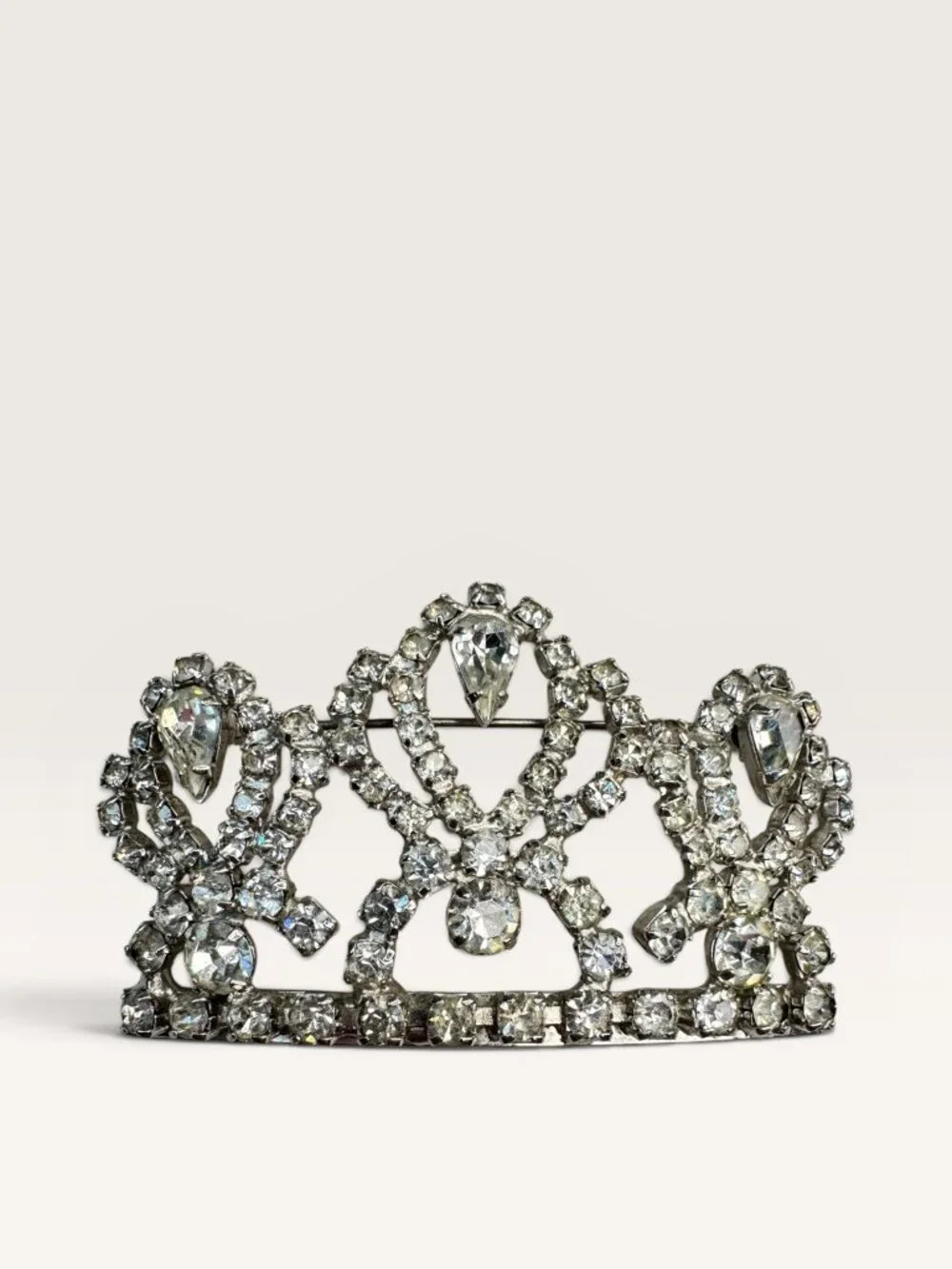 1950s Clear Crystal Crown Brooch Silver Tone Tiara Royal Vintage